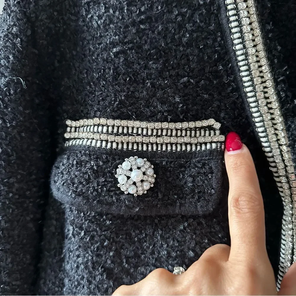 SELF-PORTRAIT Black Tape Knit Crystal-Embellished Bouclé Cardigan